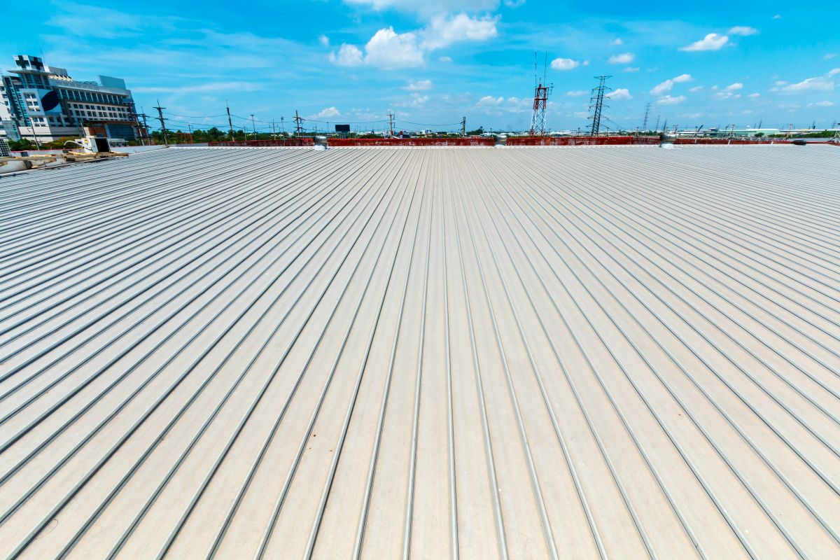 Architectural detail of metal roofing on commercial construction, Maple Grove