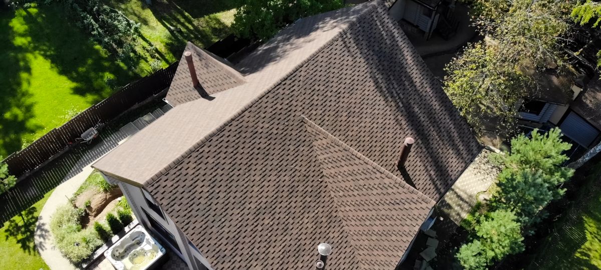 aerial view of a brown shingle roof, Maple Grove